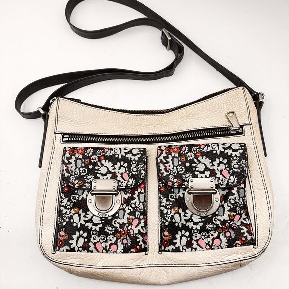 Fossil Off White Multi Color Leather Shoulder Bag Chunky Silver Hardware - Picture 14 of 16